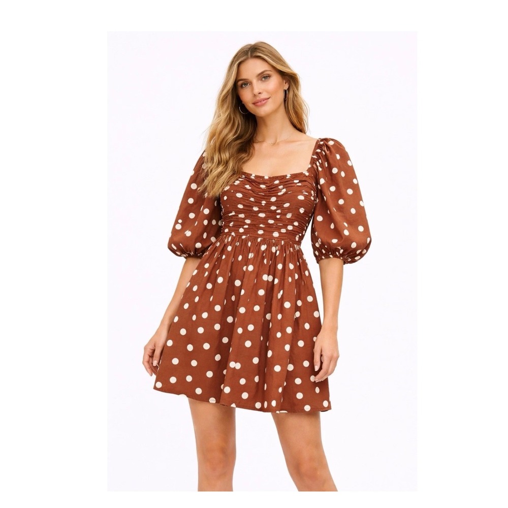 Abercrombie Fitch Emerson Ruched Polka Dot Puff-Sleeve Mini Dress Terracotta XS